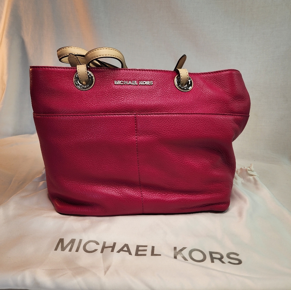 Michael Kors Fuchsia Pebbled Leather Tote with Tan Handles